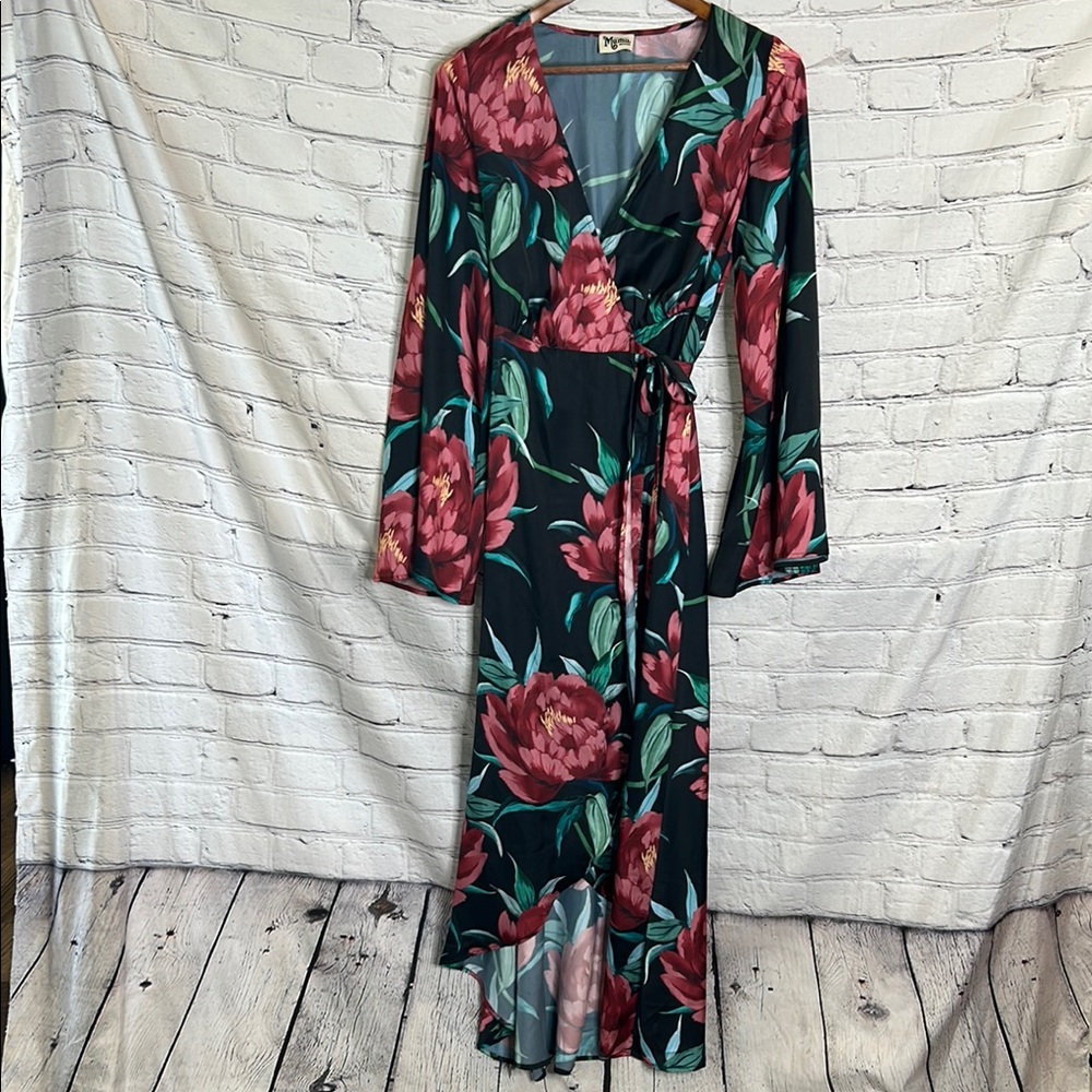 Show Me Your MuMu Black & Pink Floral Wrap Long Sleeve Dress Excellent Condition